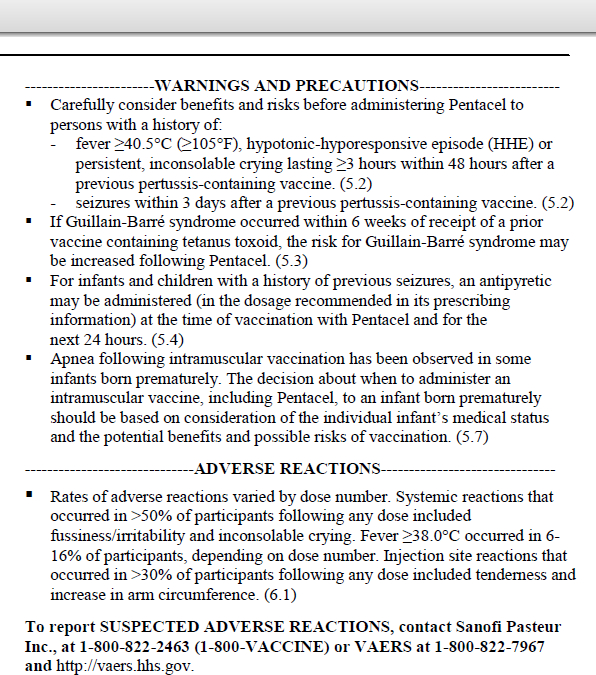 pentacel info sheet adverse reactions